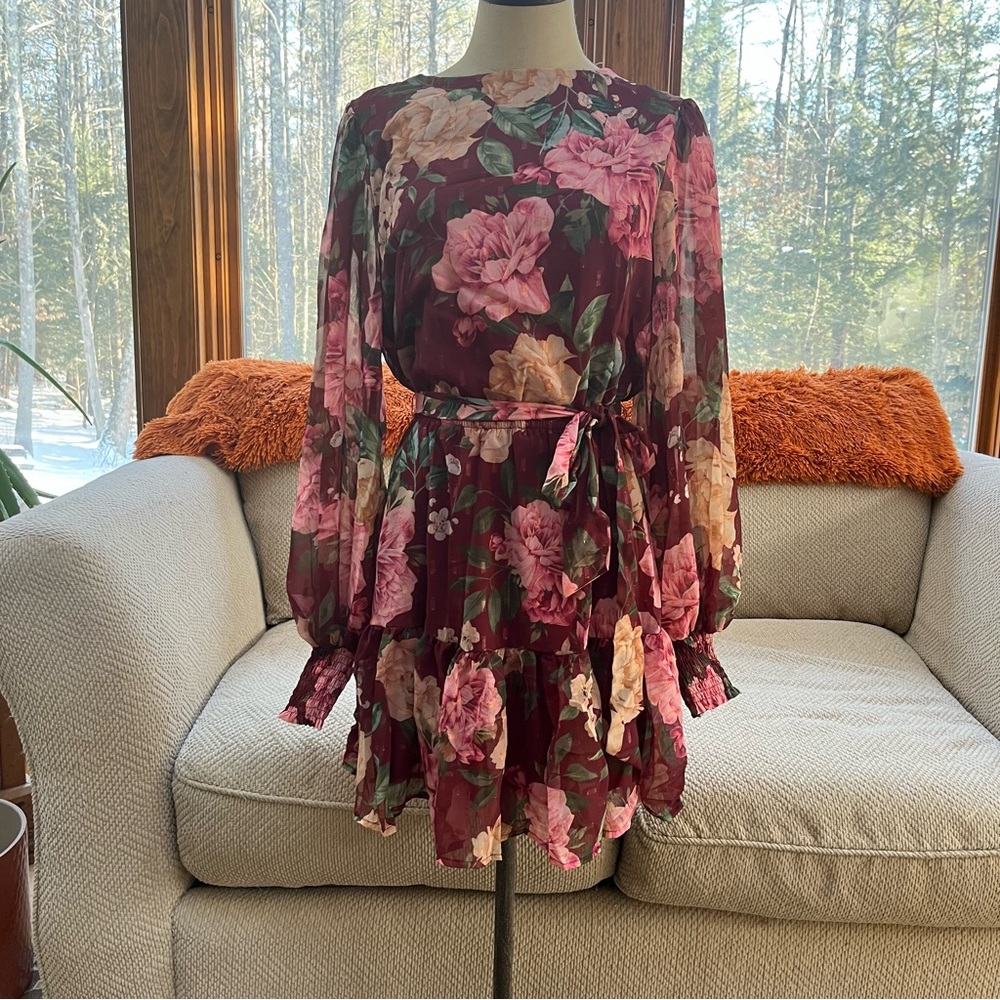 Burgundy Printed Woven Mini Dress